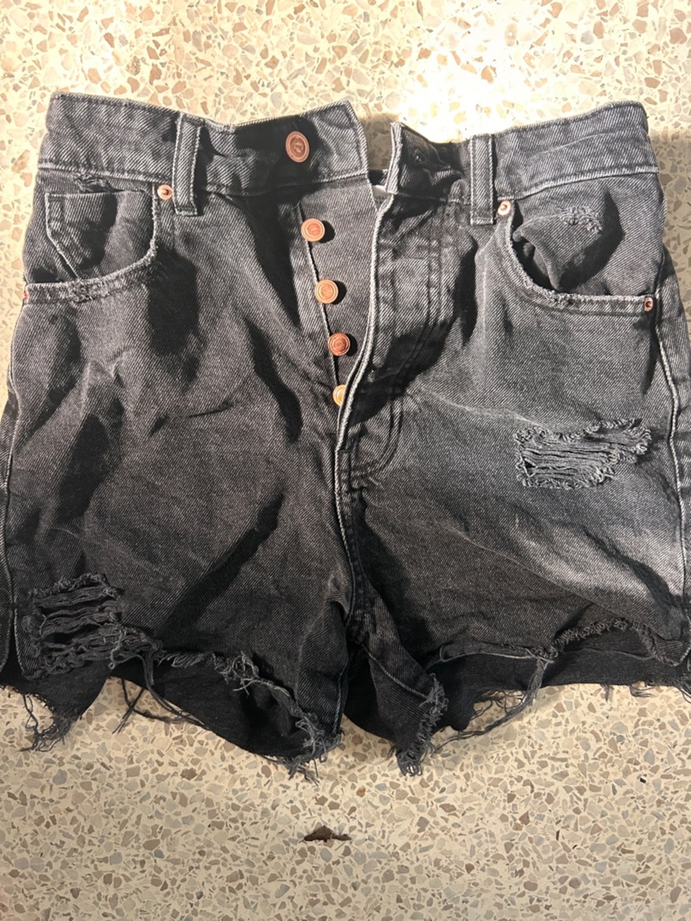 Zara Black High-Rise Distressed Button-Fly Denim Shorts